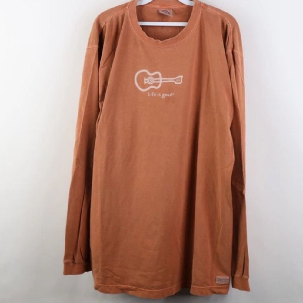 Life is Good Brown Long Sleeve Shirt with Guitar Large